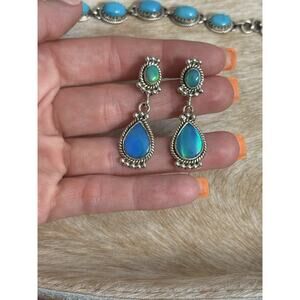 Native American SW Sterling Silver Aurora Blue Fire Opal Tear Drop Post Earrings